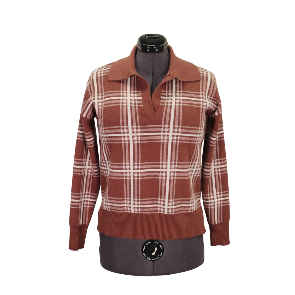 Max Studio Sweater Women's Medium‎ Rust Plaid Collared Retro Knit Casual Top